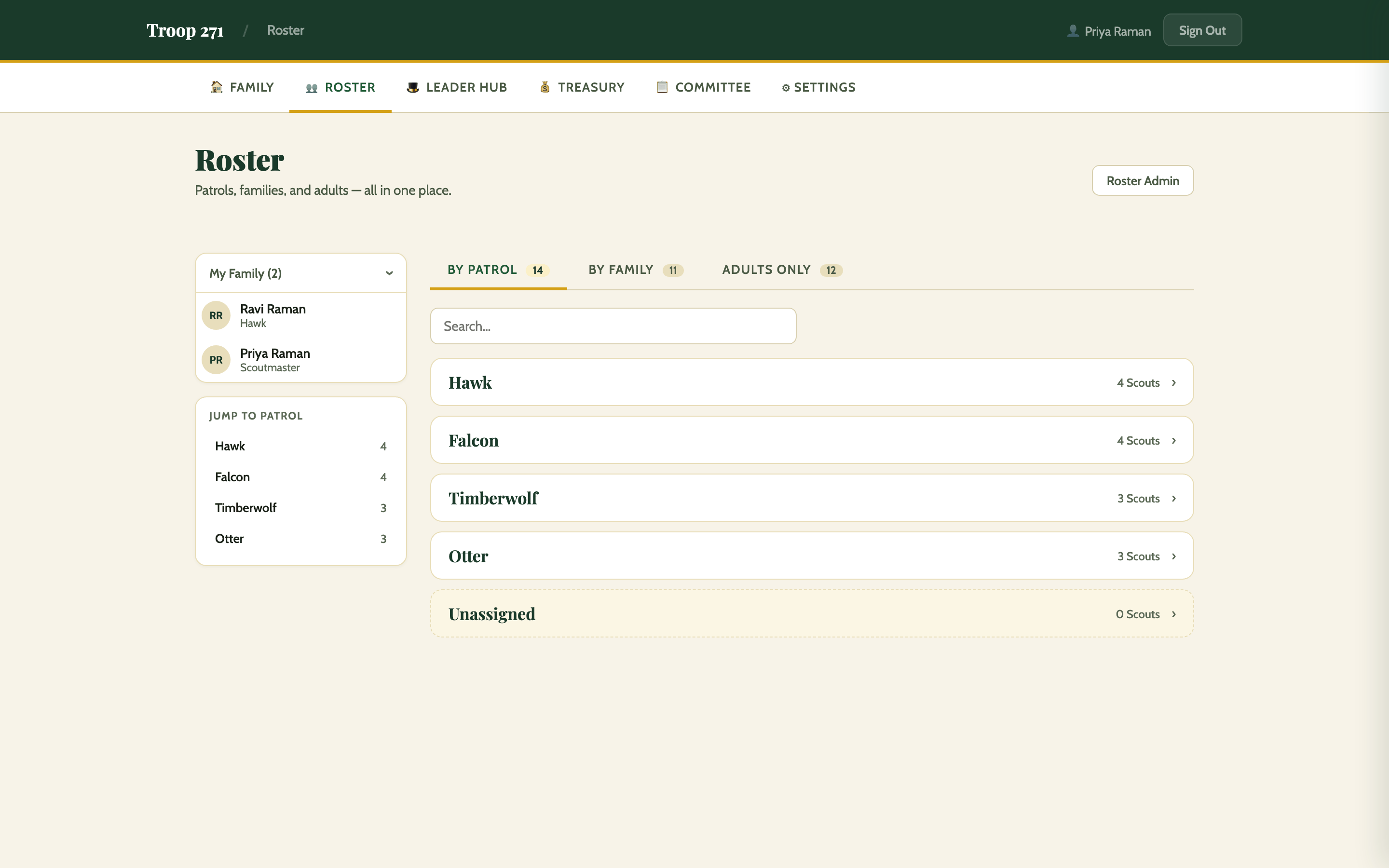 The troop roster, filtered by patrol. Tabs switch between by-patrol, by-family and adults-only views; the Hawk, Falcon, Timberwolf and Otter patrols are listed with their scout counts, alongside a jump-to-patrol sidebar and the signed-in leader's own family.